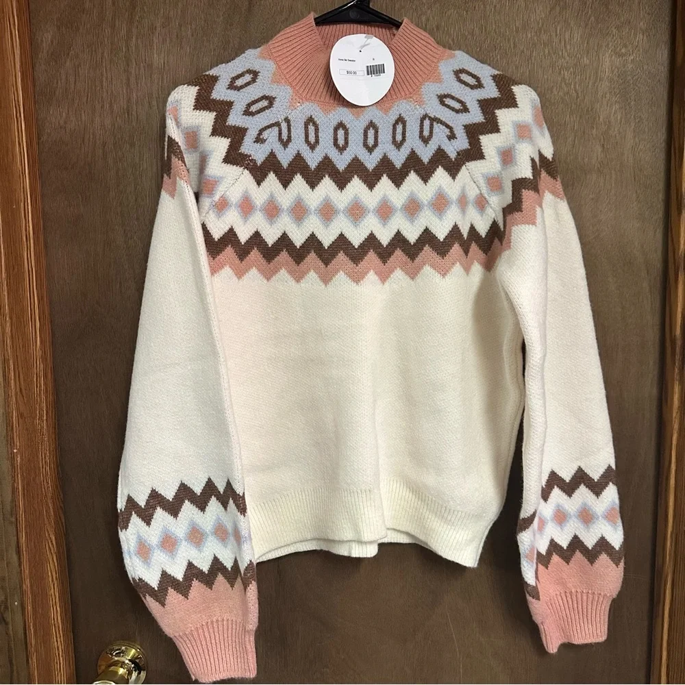 NWT Boutique  Mock Neck‎ Ski Winter Sweater Chevron Thick Cozy Comfy Cream Brown
